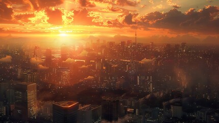 Fototapeta premium A picturesque sunset over a bustling city with workers heading home