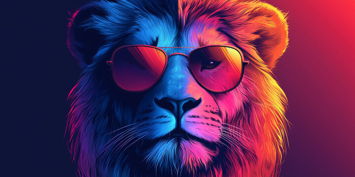 Cool lion wearing sunglasses in a vibrant blue and red color scheme.