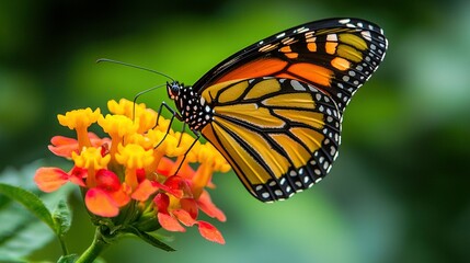 Obraz premium Close-up butterfly on orange and yellow flowers, green leaves in the background, blurry background