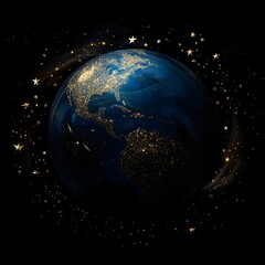 Obraz premium Elegant blue planet with golden stars, set on black background image 