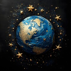 Naklejka premium Blue planet adorned with gold stars black background image