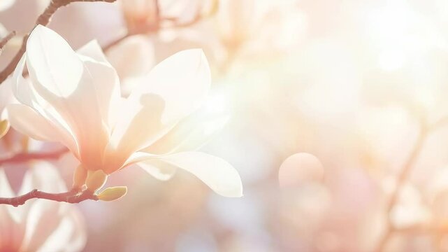 Beautiful blooming Chinese magnolia tree in spring garden. Closeup bloom pink flowers on sunny day on blurred background. Woman's or Valentine's Day. Romantic video
