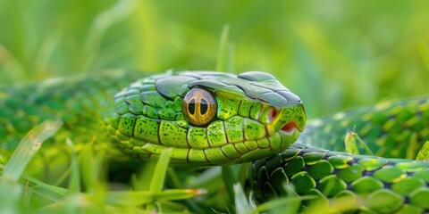 Fototapeta premium Indo Chinese Rat Snake in Close Up with Vibrant Green Scales and Intense Eye Contact Moving Gracefully Through Lush Grass in its Native Environment Key Focus on its Keeled Pattern