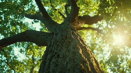   A close-up of a tree with sunlight filtering through its leaves