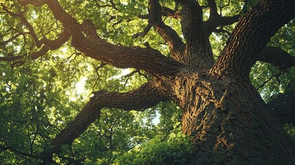 Obraz premium A massive tree, adorned with numerous verdant leaves on its limbs, bathes in the golden light filtering through the foliage above