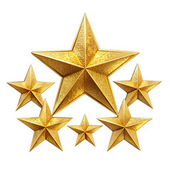 Obraz premium Six gold stars of various sizes are arranged in a cluster on a plain white background