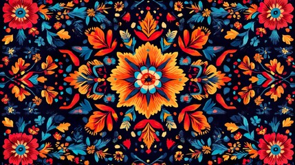 Classic cultural motifs and geometric shapes in a folk art pattern wallpaper