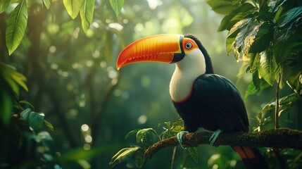 Obraz premium A toucan perched on a tree branch, surrounded by an array of lush green foliage, displaying its distinctive vibrant orange beak