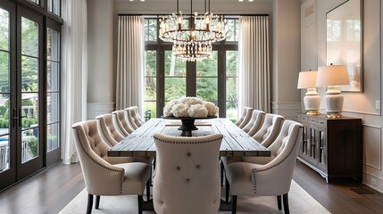 Elegant transitional dining area with classic chairs and contemporary lighting