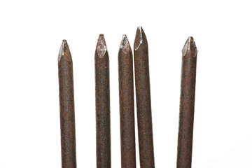 An image of a rusty nail isolate on white background. An image of an object for use in graphic design.