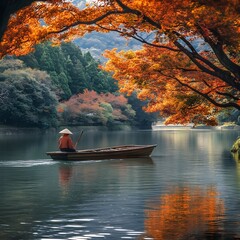 Naklejka premium Boatman punting along Arashiyama river, surrounded by serene nature
