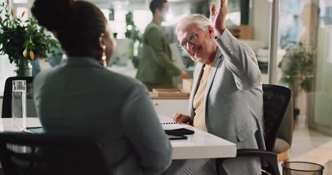 Mature man, woman and office with project proposal, interview and affirmative action for new job. Web designer, candidate and recruitment process for intern hiring, crm goals and employee growth