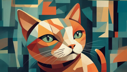 Obraz premium Cubism Abstract mosaic art featuring a close-up of a cat's face with light pastel colors with green eyes. 