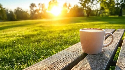   A coffee mug perched atop a wooden bench amidst a lush field of green grasses and swaying trees