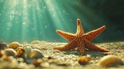   Starfish atop sandy shore beside seashells on sunny day