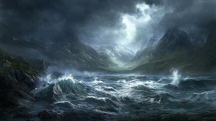 Obraz premium A vast water expanse with towering mountains behind it and a lone boat floating in the middle