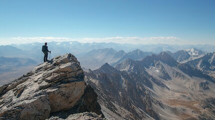   A man atop a peak gazes upon distant mountains against a vast sky backdrop