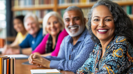 Obraz premium Diverse group of older adults, men and women, in book club meeting at library, copy space