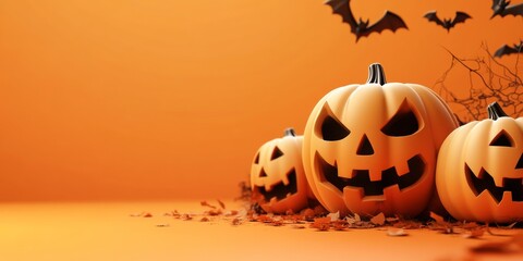 Halloween orange background with jack-o'-lantern pumpkin, black bats, and spider for seasonal banners - holiday, decoration, autumn