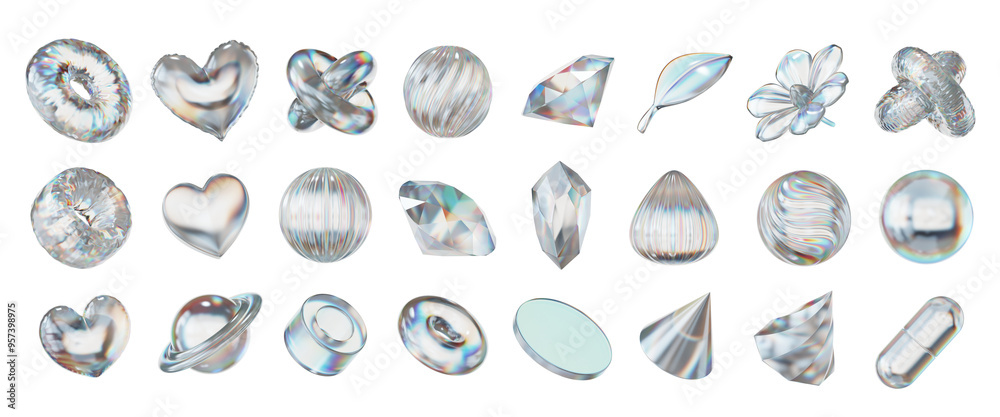 Fototapete white holographic objects decoration set pack isolated background 3d rendering
