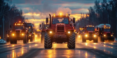 Fototapeta premium Tractors driving through the streets at sunset creating a captivating rural atmosphere