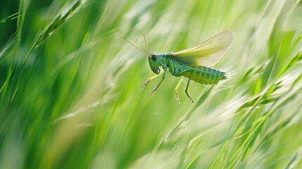   A close-up of a grasshopper surrounded by tall green grass with a blurred grassy background