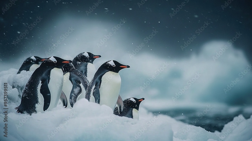 Sticker   A group of penguins perched atop snow-covered ground, atop a mound of snow