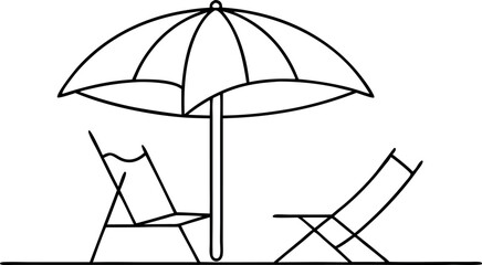 Minimalist Line Drawing of Beach Chairs and Umbrella in Simple Design