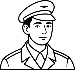 Black and White Line Drawing of a Man in Military Uniform with Peaked Cap