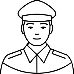 Minimalistic Black and White Line Drawing of Person in Uniform with Peaked Cap