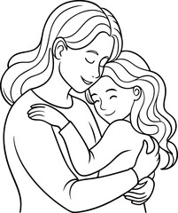 Black and White Line Drawing of a Woman Embracing a Child in a Warm Hug