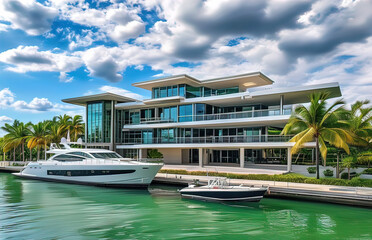 a modern mega-mansion with a pier and a boat tied to it,