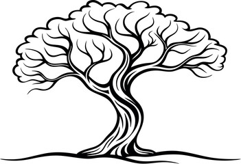 Abstract Black and White Line Drawing of a Stylized Tree with Curving Trunk