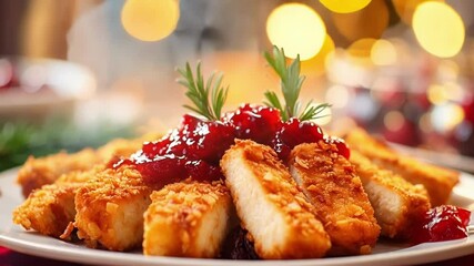Delicious breaded chicken fingers with cranberry sauce on a white plate for a cozy christmas dinner, garnished with rosemary and surrounded by festive lights. Enjoy this festive meal tradition