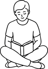 Line Art Illustration of a Young Man Sitting Cross-Legged and Reading a Book in a Relaxed Pose