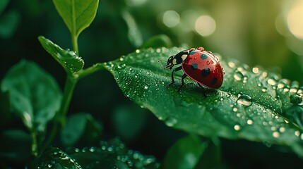 Obraz premium A ladybug perched atop a verdant foliage, dotted with dew, during a bright and showery afternoon