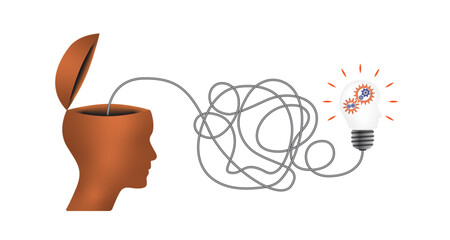 3d head, head shape light bulb, gears, business idea vector design. Business concept design to use for idea, brainstorm, learning, strategy, thinking, inspiration, teamwork projects. 