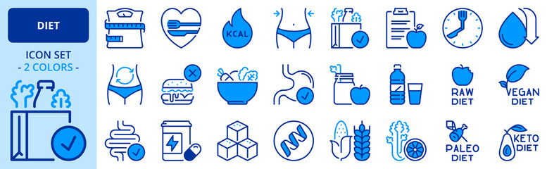 Icons in two colors about diet, healthy food.