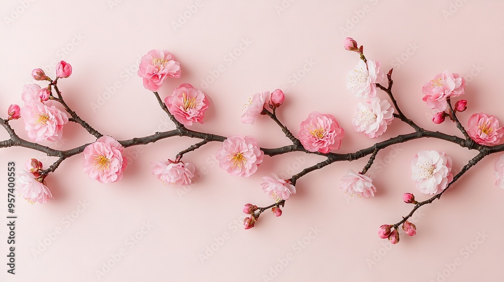 Poster  Pink flower branch on pink background with white and pink flowers