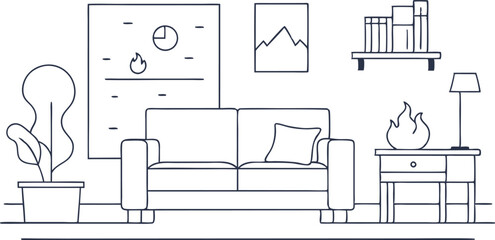 continuous single line drawing of corner sofa near fireplace. Scandinavian home interior design of modern living room, line art vector illustration