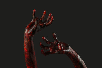 Hands of zombie on black background. Halloween celebration