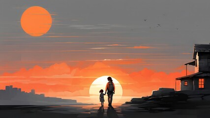 Fototapeta premium woman walking on street with her child, sad illustration