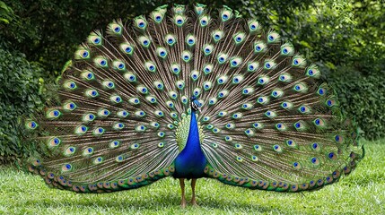 Obraz premium Peacock with spread-out feathers on a grassy field surrounded by trees