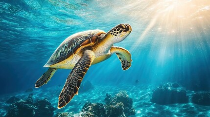 Fototapeta premium A green sea turtle glides through a vibrant coral reef, bathed in shimmering sunlight