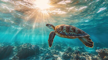 Obraz premium Turtle swimming in the ocean under the warm sun, its head above the water's surface
