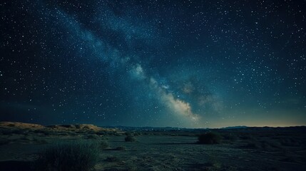   The night sky is filled with stars, and the Milky Way shines brightly above a desert landscape with sparse grass and bushes