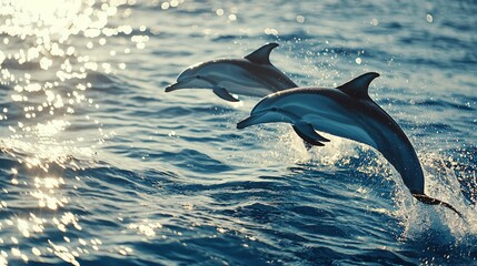 Fototapeta premium Two dolphins jumping from the water into sunlight against an ocean backdrop