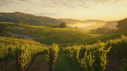 Fototapeta premium The sun shines through the clouds over a vineyard in Napa Valley