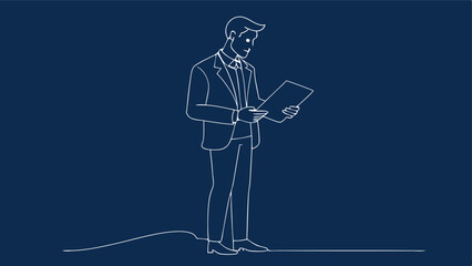 continuous single line drawing of business man standing in using digital tablet  , line art vector illustration