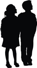 A boy and girl standing together, silhouette.